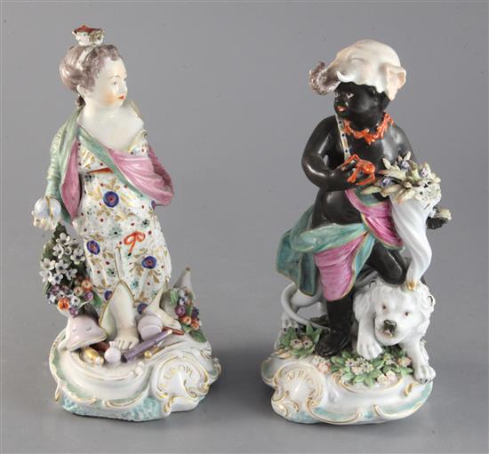 A pair of Derby porcelain figures, c.1780, as Europe and Africa, height 9.75in., Europe lacking arm